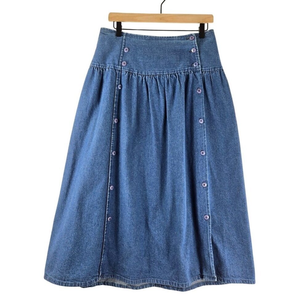 VTG Cherokee Blue Denim Midi Skirt 6 Double Button Front Deep Hip Band 80s 90s